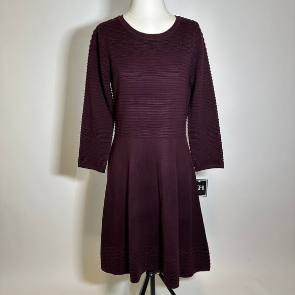 NWT JH Jessica Howard Maroon Ribbed 3/4 Sleeve Sweater Dress Womens Size Medium - Picture 1 of 12
